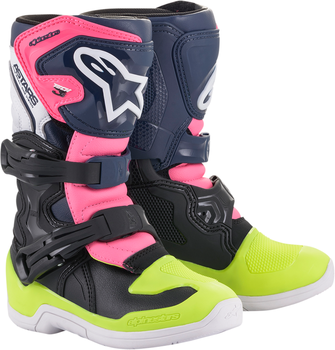 Alpinestars Tech 3S motorcycle riding boots in black, blue, and pink with US size 12, featuring protective design and sporty style.