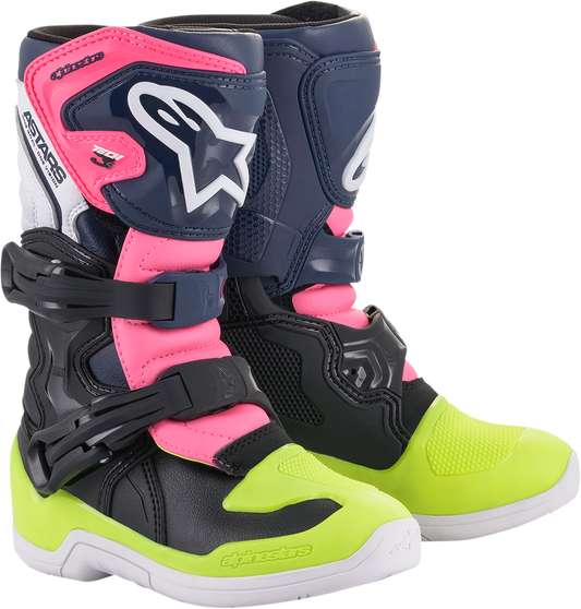 Alpinestars Tech 3S motorcycle riding boots in black, blue, and pink with US size 12, featuring protective design and sporty style.
