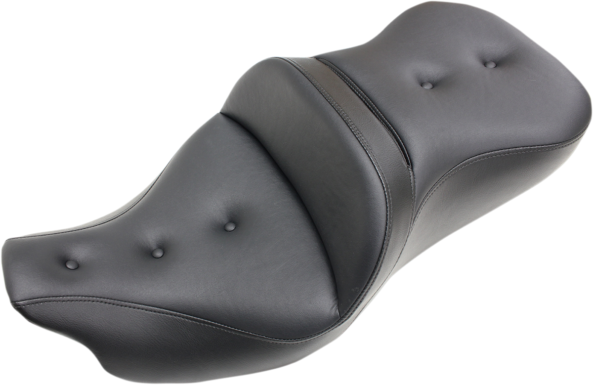 Black Saddlemen Pillow-Top Roadsofa Seat with backrest for Harley FLH/FLT 2008-2023, showing the padded seat and sturdy construction.
