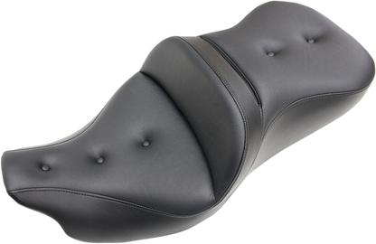Black Saddlemen Pillow-Top Roadsofa Seat with backrest for Harley FLH/FLT 2008-2023, showing the padded seat and sturdy construction.