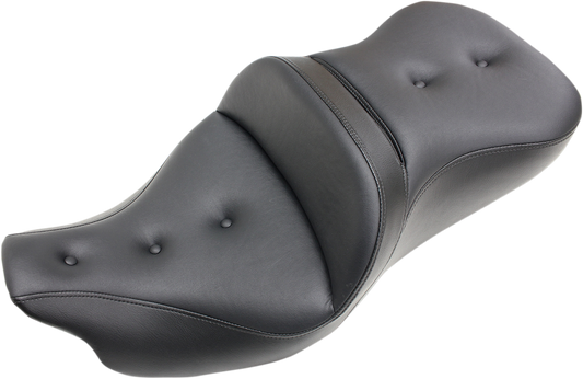 Black Saddlemen Pillow-Top Roadsofa Seat with backrest for Harley FLH/FLT 2008-2023, showing the padded seat and sturdy construction.