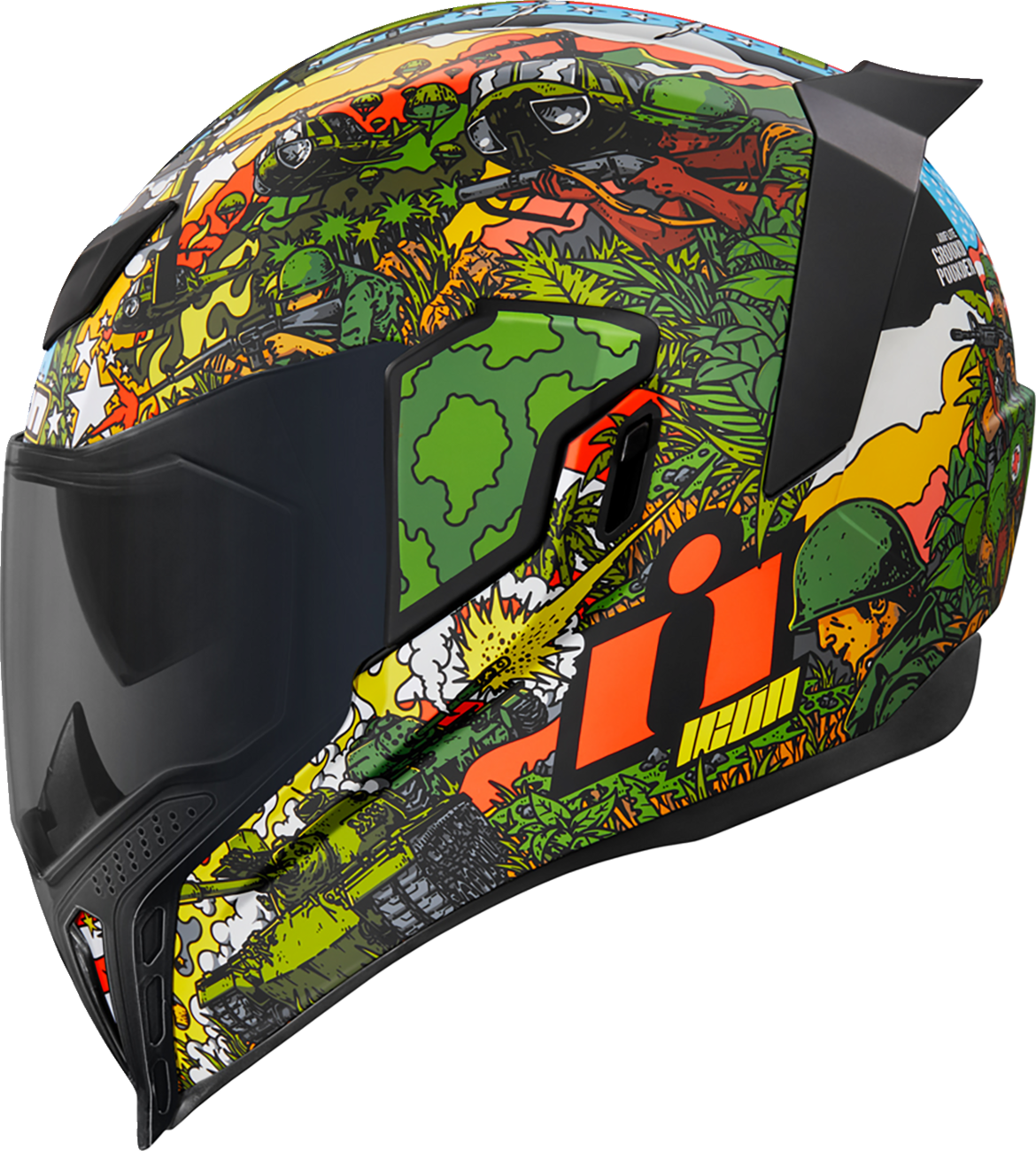 Green ICON Airflite™ GP23 helmet in large size with aerodynamic design, featuring bold graphics and ventilation vents.