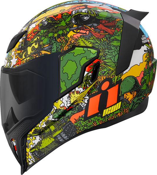Green ICON Airflite™ GP23 helmet in large size with aerodynamic design, featuring bold graphics and ventilation vents.