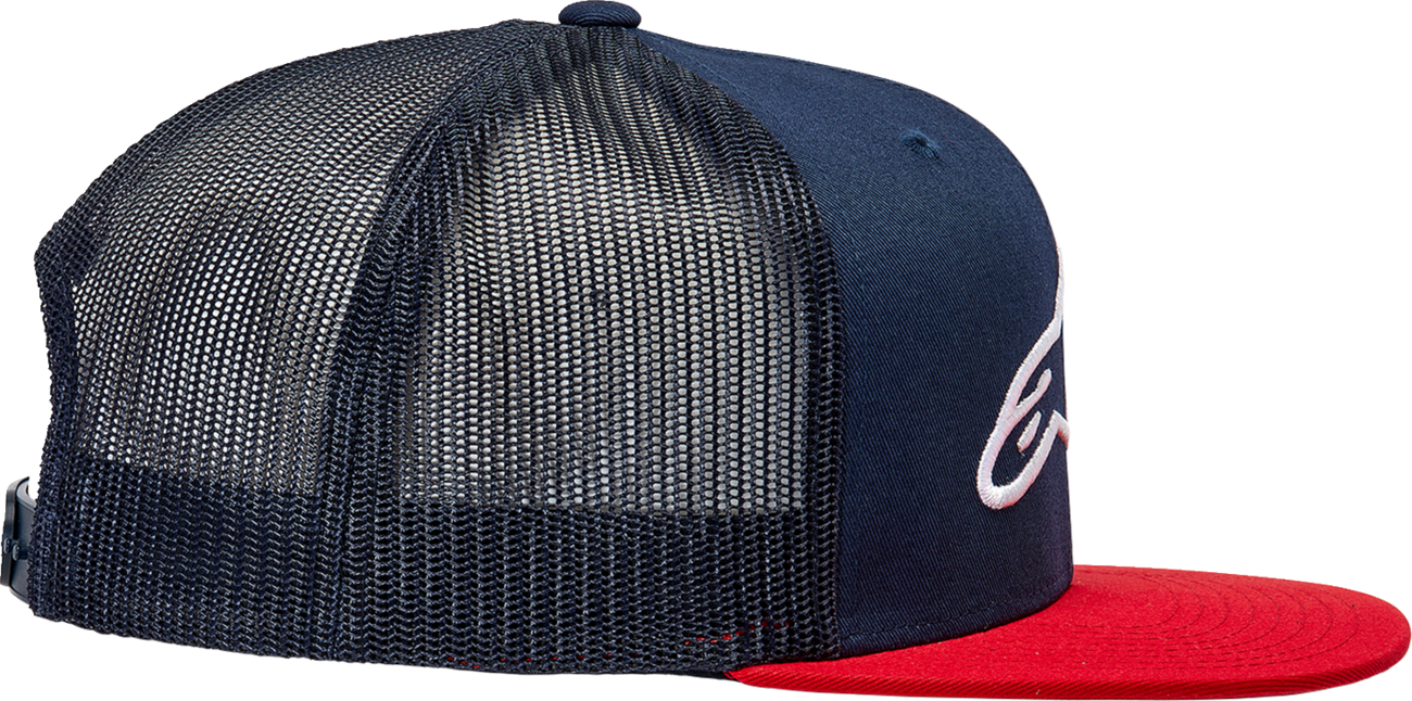 Alpinestars Corp trucker hat in navy and red with mesh back and adjustable snap closure, featuring logo embroidery on front.
