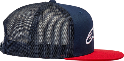 Alpinestars Corp trucker hat in navy and red with mesh back and adjustable snap closure, featuring logo embroidery on front.