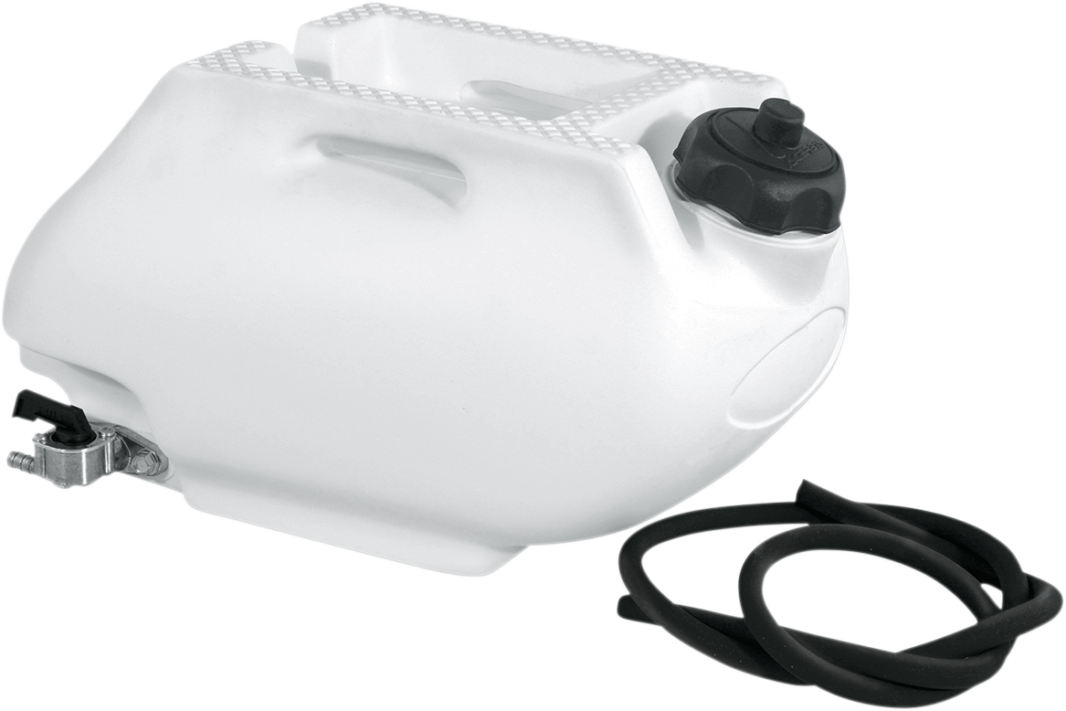 Acerbis rear auxiliary gas tank in black, 1.6 gallons, designed for motorcycle body installation, shown from the side.