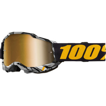 Bill's Exhausts 100% Accuri 2 Goggle in Ambush True Gold Mirror with tinted lens, designed for motocross or off-road riding.