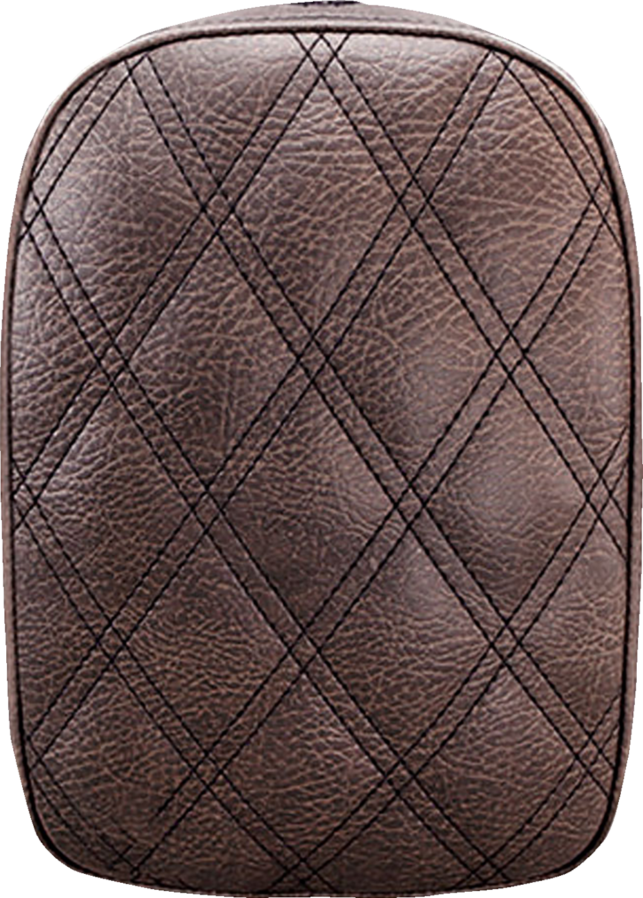 Brown SADDLEMEN detachable pillion pad with lattice stitching for motorcycle seats, designed for comfort and style.
