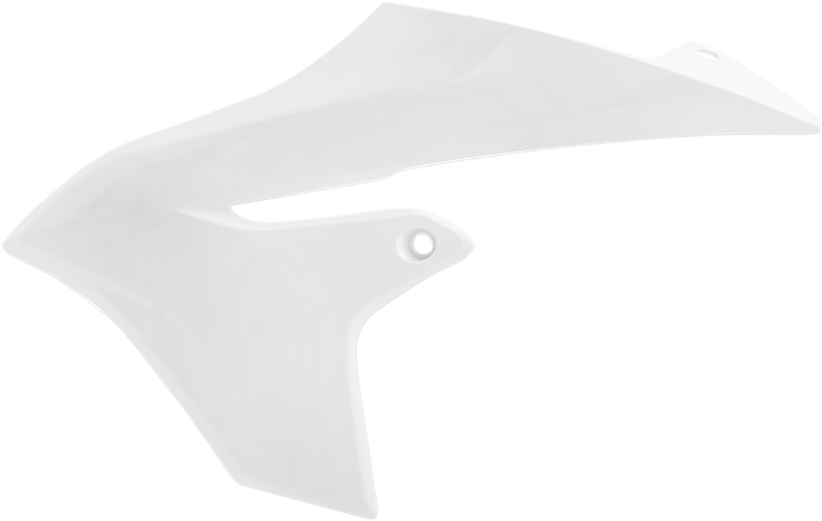 White ACERBIS radiator shrouds for motorcycle body, featuring sleek design and precise fit for optimal engine cooling.