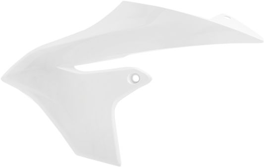 White ACERBIS radiator shrouds for motorcycle body, featuring sleek design and precise fit for optimal engine cooling.