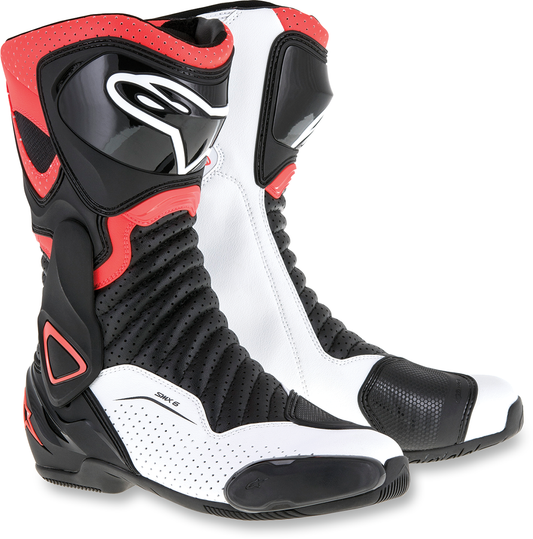 Alpinestars SMX-6 v2 vented motorcycle boots in black, white, and red fluorescent with US size 9 / EU 43, featuring protective design.