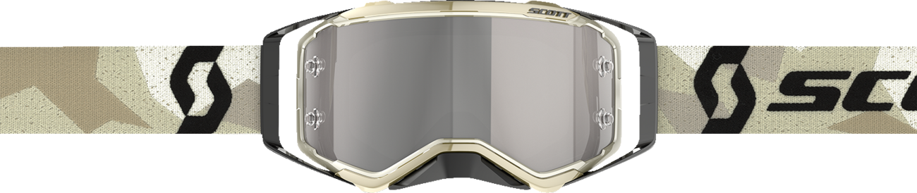 Scott Prospect goggles with camouflage beige and black frame, silver chrome lenses, designed for motorcycle riding.
