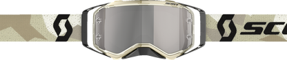 Scott Prospect goggles with camouflage beige and black frame, silver chrome lenses, designed for motorcycle riding.