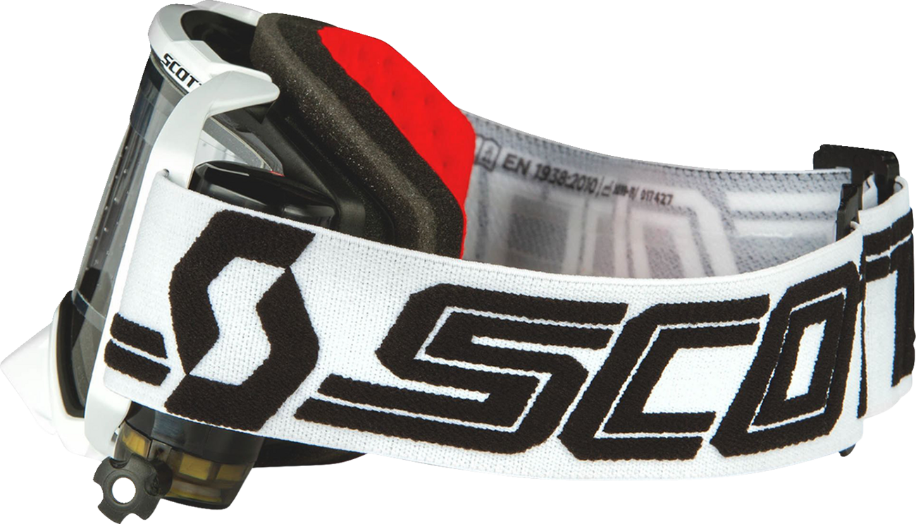 Scott Prospect Super WFS motocross goggles in white and black with clear lenses, designed for durable eye protection.