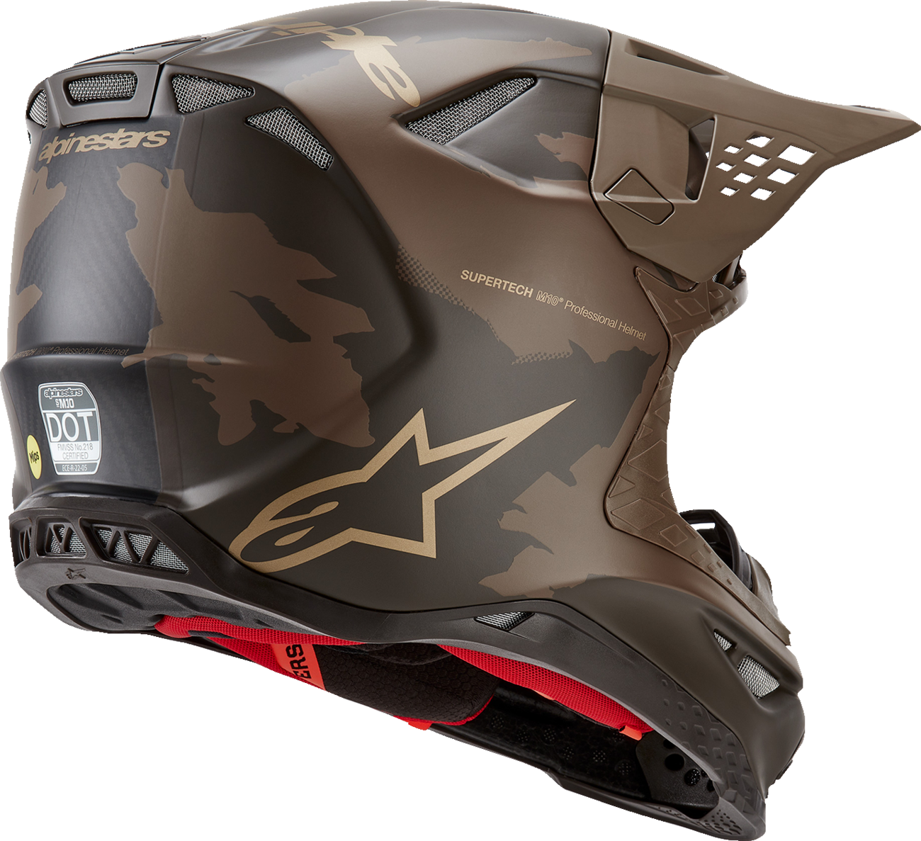 Alpinestars Supertech M10 helmet in dark brown and gold with MIPS® protection, medium size, shown from front view.