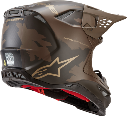 Alpinestars Supertech M10 helmet in dark brown and gold with MIPS® safety system, size XL, shown from front angle.
