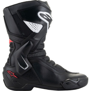 Alpinestars Stella SMX-6 V3 motorcycle boots in black, white, and pink with reinforced ankle support and durable construction.