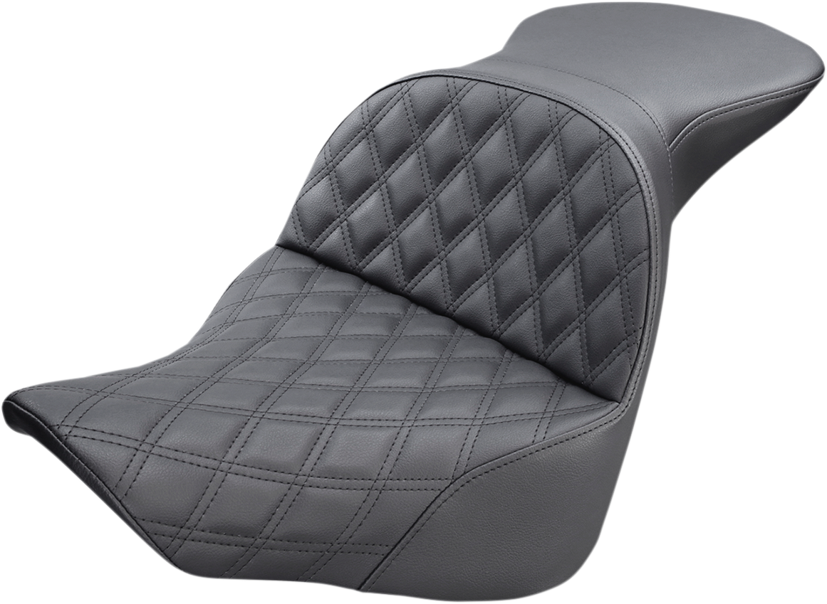 Bill's Exhausts SADDLEMEN Explorer Seat with lattice stitching, designed for motorcycle comfort and style.
