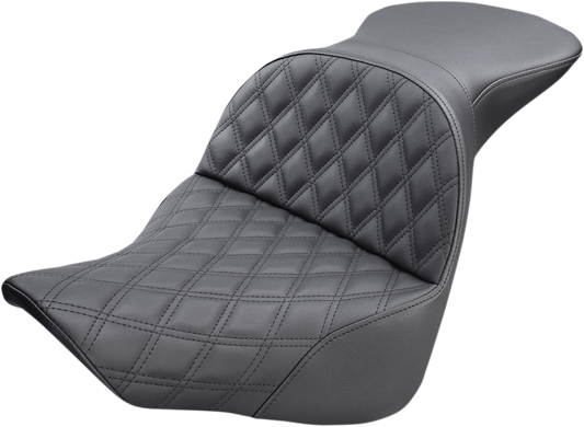 Bill's Exhausts SADDLEMEN Explorer Seat with lattice stitching, designed for motorcycle comfort and style.
