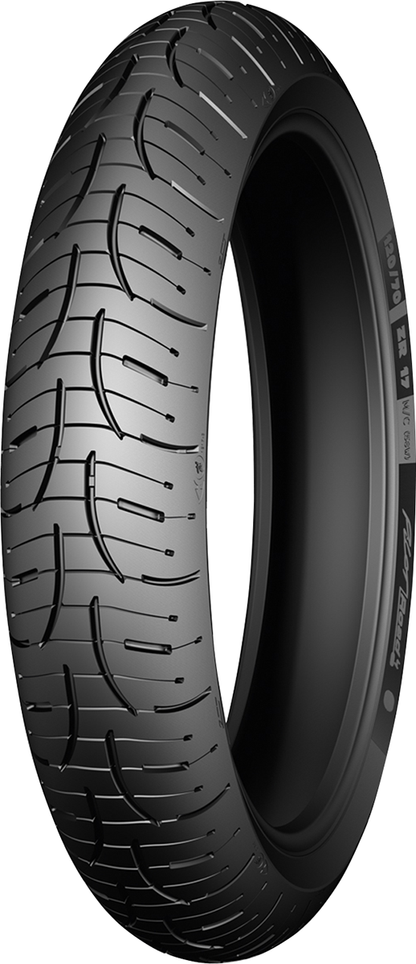 Michelin Pilot Road 4 front motorcycle tire 120/70ZR17 with 58W load rating, showing tread pattern and sidewall branding.