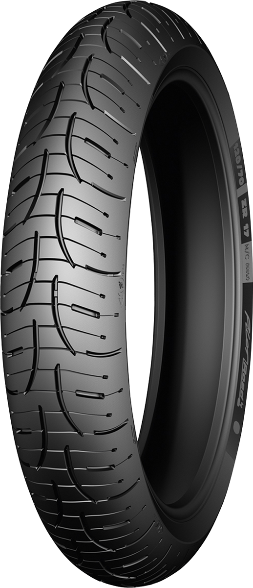 Michelin Pilot Road 4 front motorcycle tire 120/70ZR17 with 58W load rating, showing tread pattern and sidewall branding.