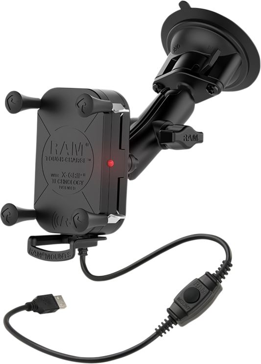 Bill's Exhausts RAM MOUNTS Tough-Charge device holder with wireless charging, waterproof suction cup mount for engine use.