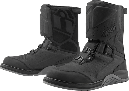 Black ICON Alcan waterproof boots by Bill's Exhausts, size 8, showing sturdy leather construction and rugged sole.