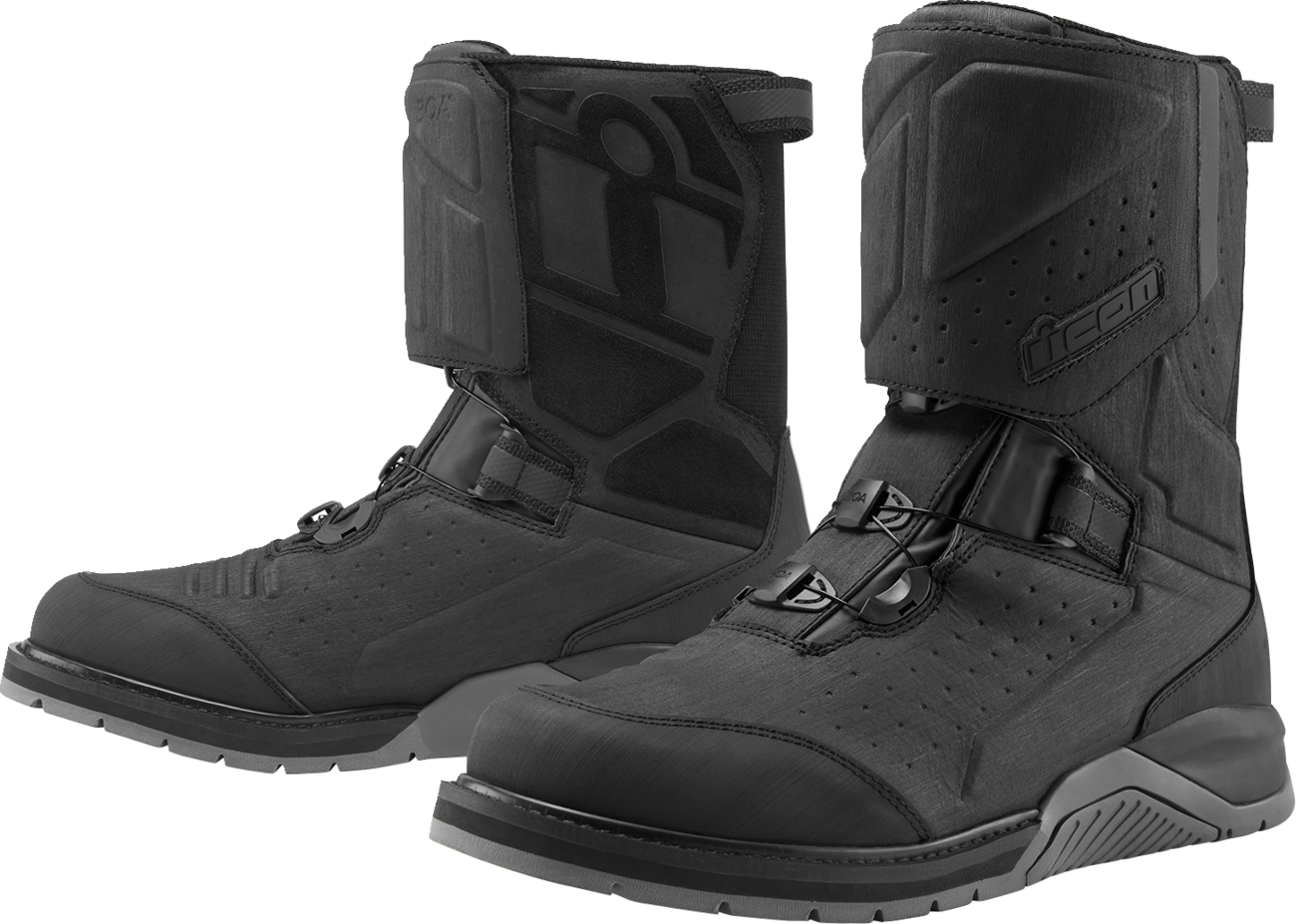 Black ICON Alcan Waterproof Boots by Bill's Exhausts, size 7, shown with sturdy leather and waterproof design.