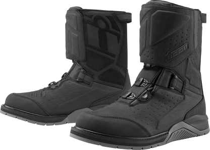 Black ICON Alcan Waterproof Boots by Bill's Exhausts, size 7, shown with sturdy leather and waterproof design.