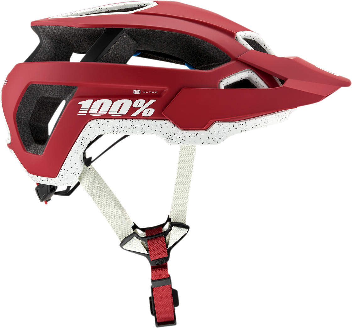 Red 100% Altec bicycle helmet with Fidlock buckle, CPSC and CE certified, size S/M, shown from front view.