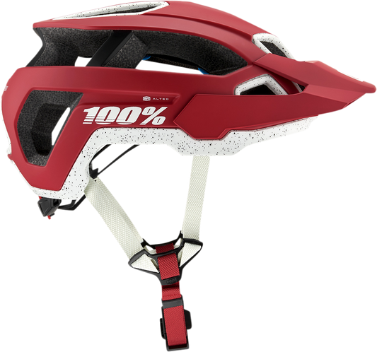 Red 100% Altec bicycle helmet with Fidlock buckle, CPSC and CE certified, size S/M, shown from front view.