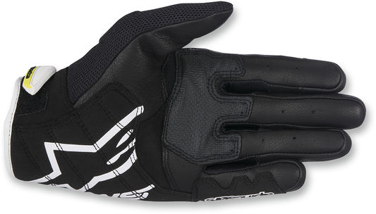 Alpinestars SMX-2 Air Carbon V2 motorcycle gloves in black, white, and fluo yellow with protective carbon knuckles, small size.