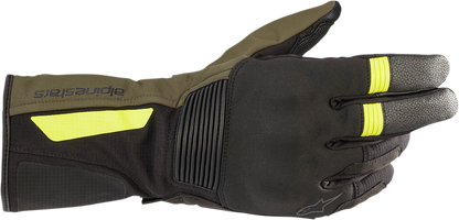 Alpinestars Denali Aerogel Drystar gloves in black forest and fluo yellow, 3XL size, featuring protective design and textured surface.