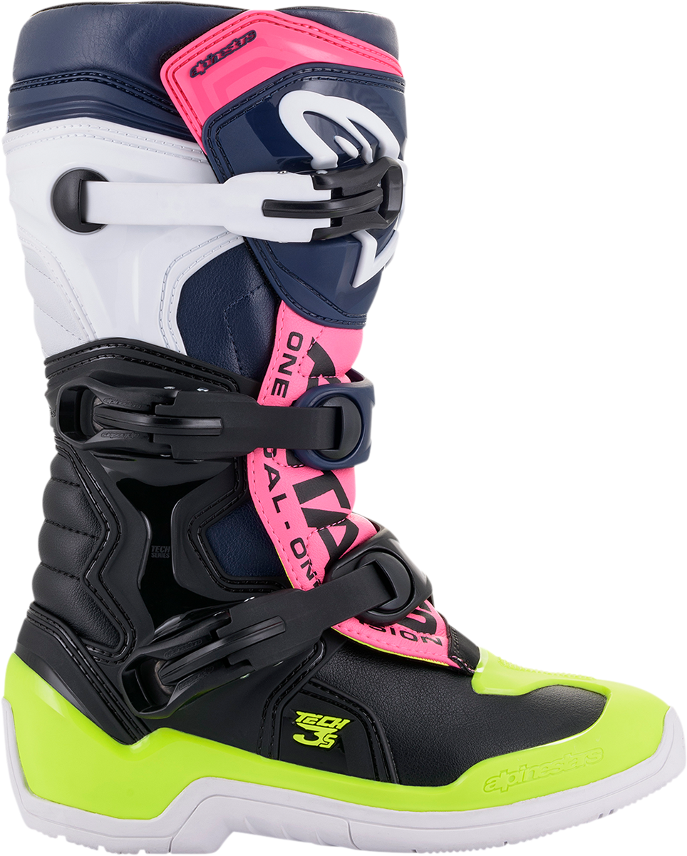 Alpinestars Tech 3S motocross boots in black, blue, pink, white, and yellow with adjustable buckles, US size 7.