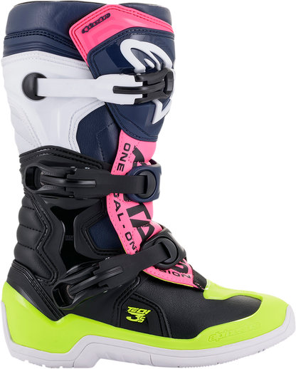 Alpinestars Tech 3S motocross boots in black, blue, pink, white, and yellow with adjustable buckles, US size 7.