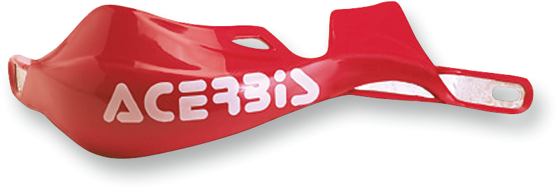 Acerbis Rally Pro handguards in red mounted on a motorcycle handlebar for off-road riding.
