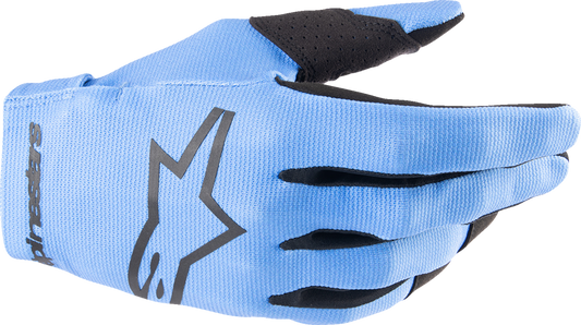 Alpinestars Youth Radar gloves in light blue and black, XS size, featuring protective padding and adjustable wrist closure.
