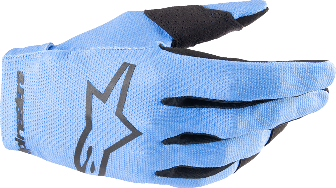 Youth ALPINESTARS Radar Gloves in light blue and black, medium size, featuring protective padding and flexible design.
