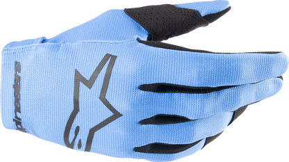 Youth ALPINESTARS Radar Gloves in light blue and black, medium size, featuring protective padding and flexible design.