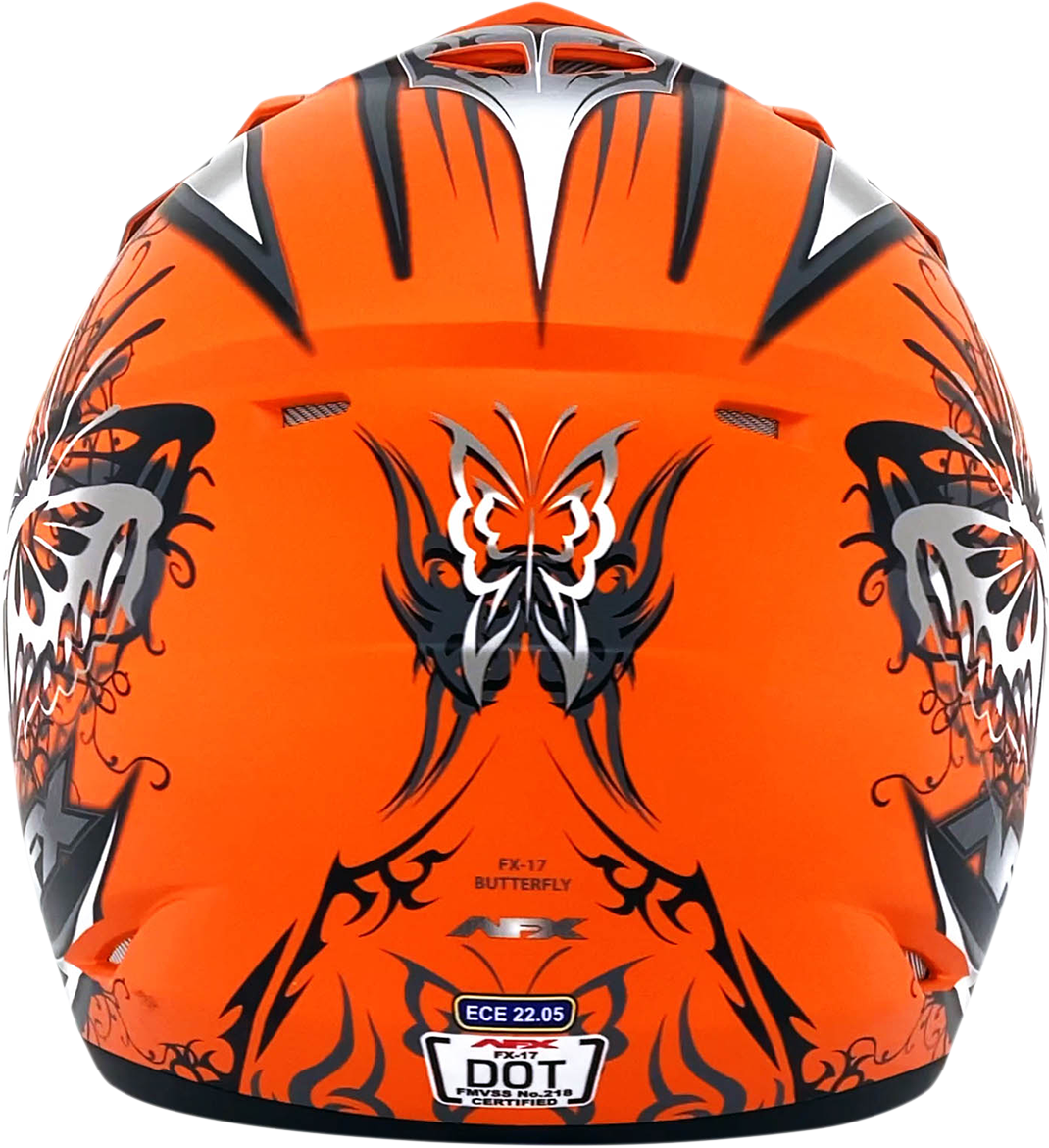 Matte orange AFX FX-17Y butterfly motorcycle helmet with small size and sleek design, featuring the Bill's Exhausts branding.