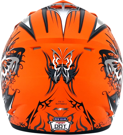 Matte orange AFX FX-17Y butterfly motorcycle helmet with small size and sleek design, featuring the Bill's Exhausts branding.