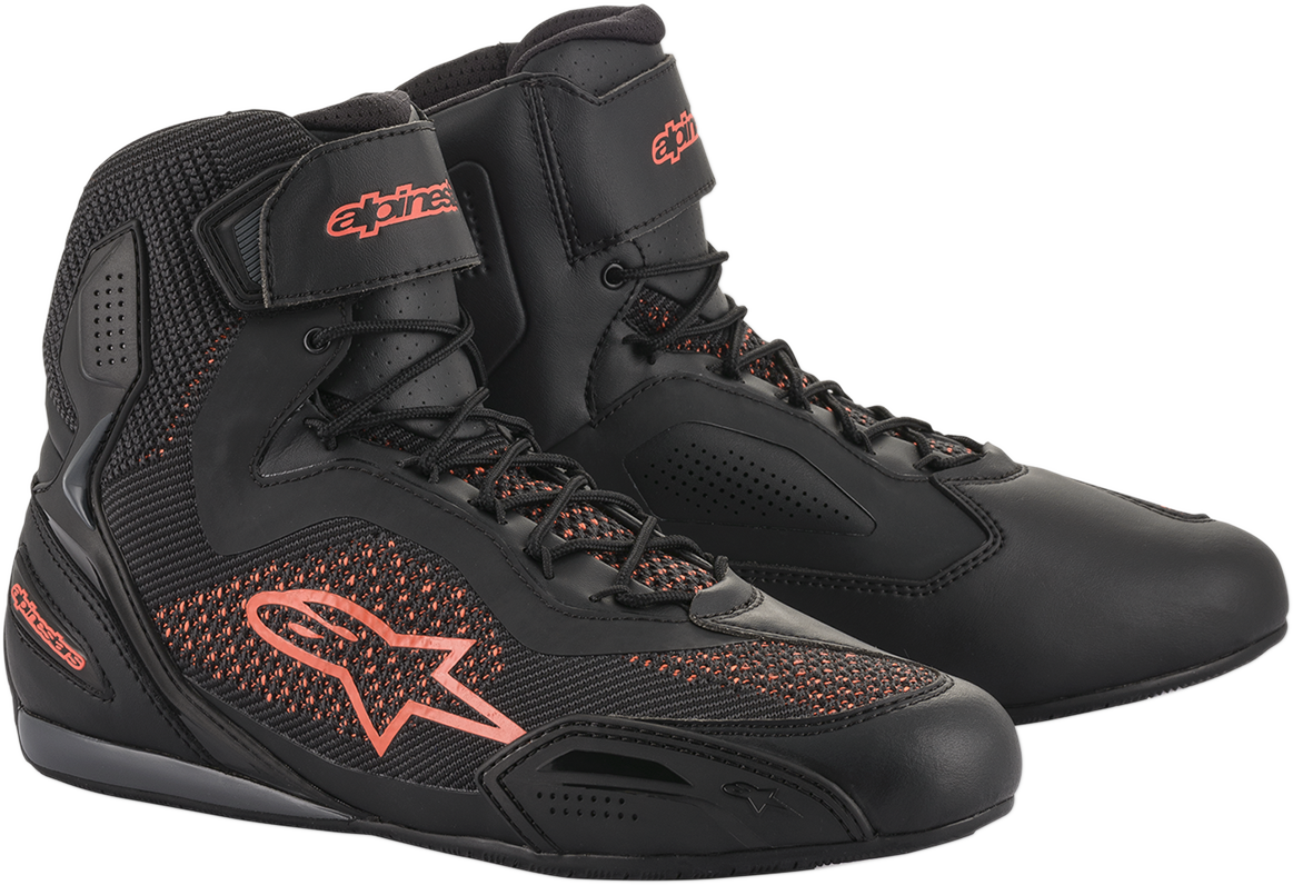 Alpinestars Faster-3 Rideknit® shoes in black and red, US size 8, featuring breathable mesh and reinforced sole for riding comfort.