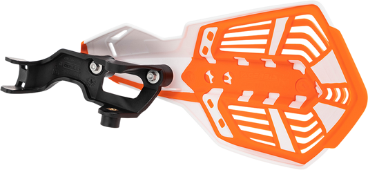A pair of ACERBIS K-Future white and orange handguards for motorcycle handlebars, designed for protection and style.