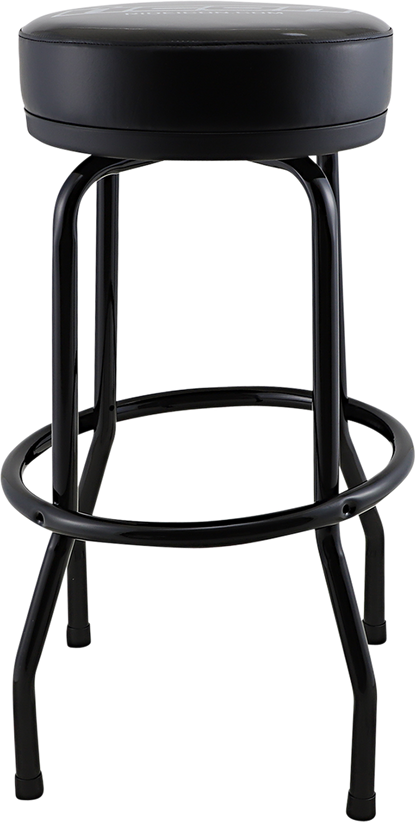 Black ICON Barstool from Bill's Exhausts with logo, featuring a sleek modern design and sturdy construction.