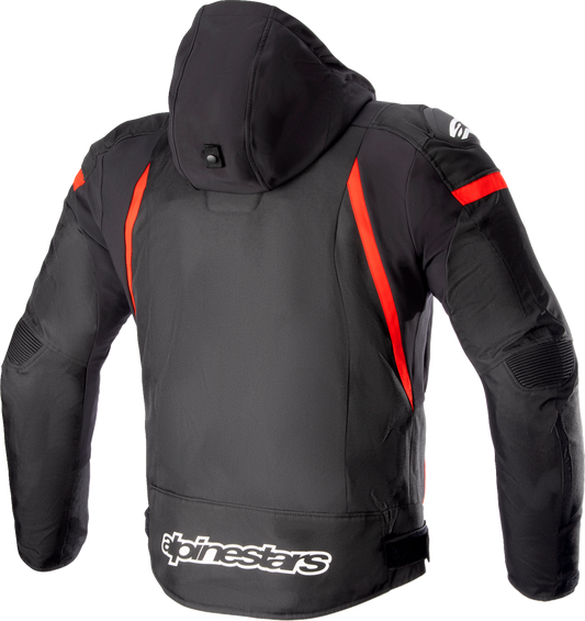Alpinestars Zaca waterproof motorcycle jacket in black, red, and white, displayed on a hanger, size large.