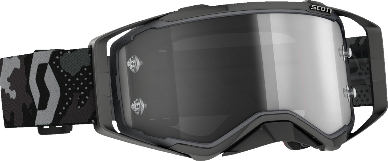 Scott Prospect Sand Light Sensitive Goggles in gray and black for engine protection, featuring adjustable straps and clear lenses.