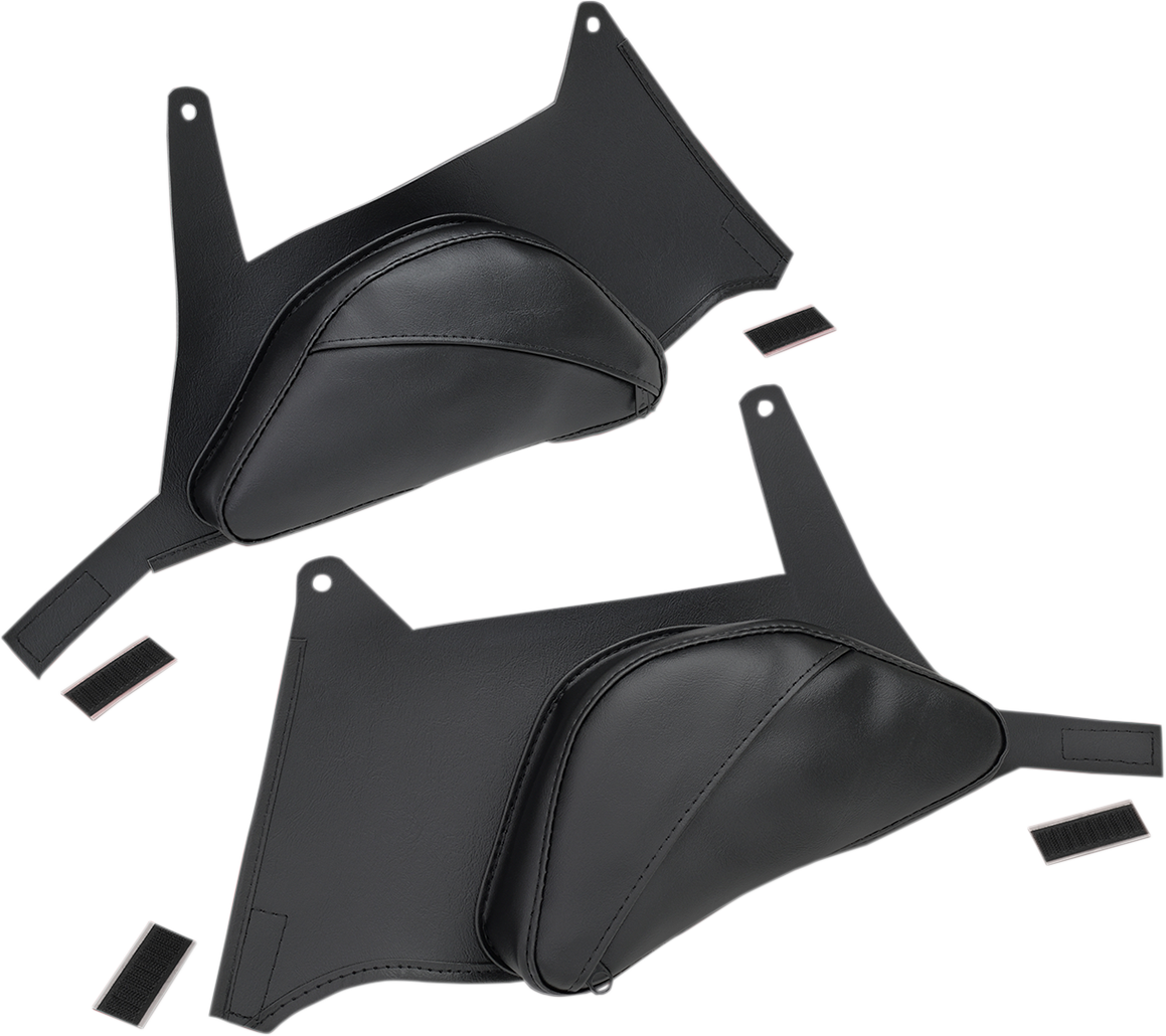 Show Chrome dual-side tank pouches for Can-Am Ryker engine, durable black storage accessories by Bill's Exhausts.