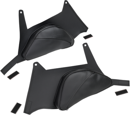 Show Chrome dual-side tank pouches for Can-Am Ryker engine, durable black storage accessories by Bill's Exhausts.