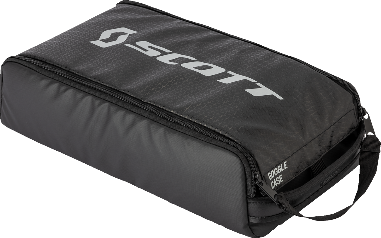 Black Scott goggle case for six pairs, designed by Bill's Exhausts, with a durable, protective engine-themed exterior.