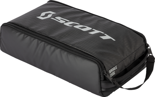 Black Scott goggle case for six pairs, designed by Bill's Exhausts, with a durable, protective engine-themed exterior.